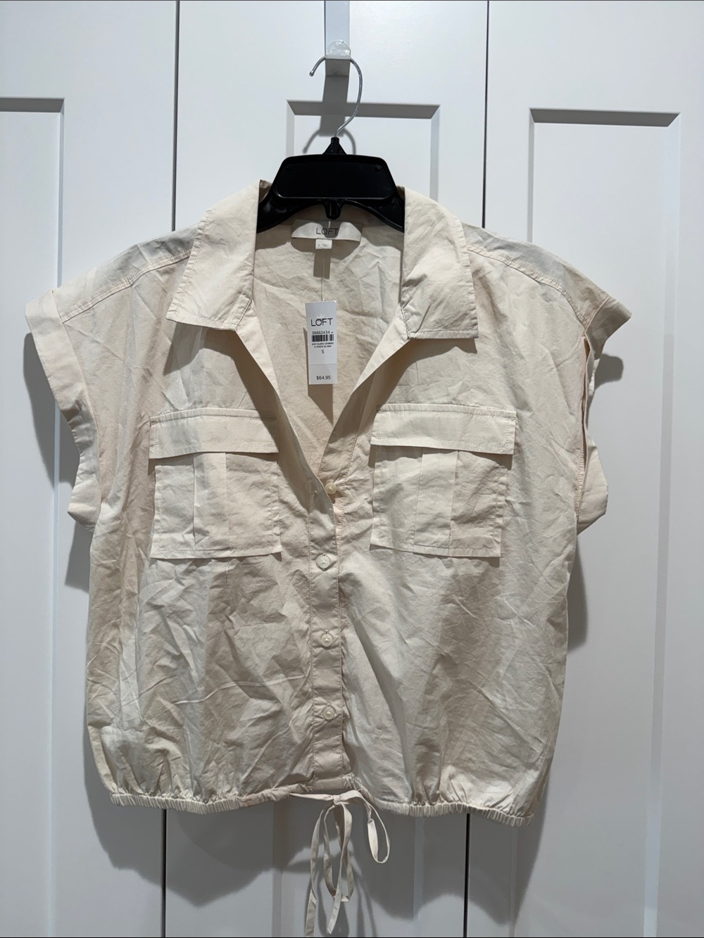 LOFT Cream Short-Sleeve Drawstring Button-Down Utility Shirt